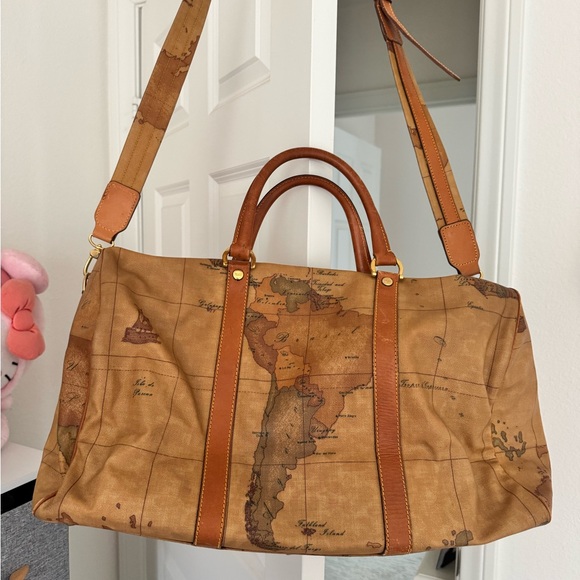 Martini Vintage Map Print Tan Leather Travel Bag